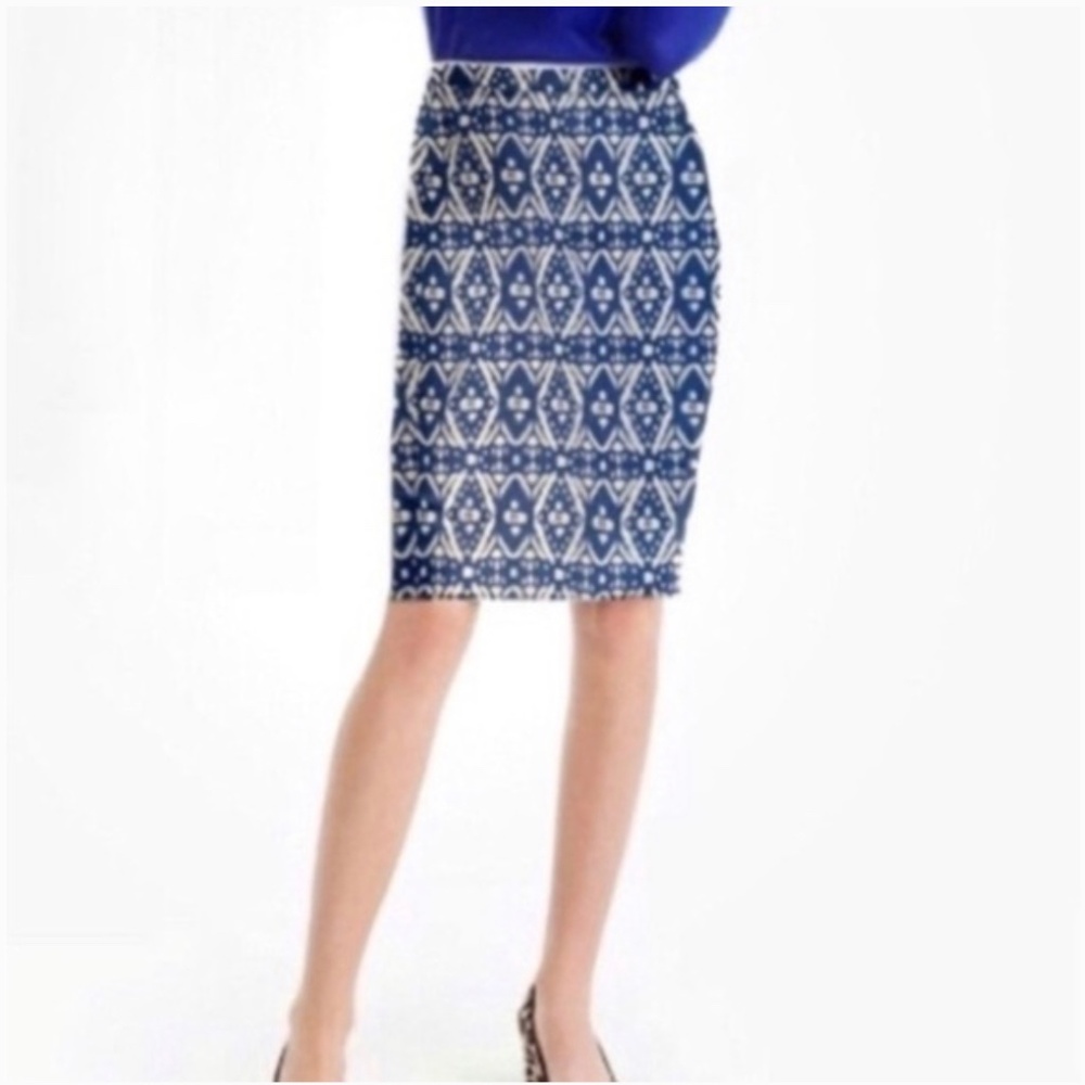 J. Crew Ikat Geometric Print Pencil Skirt sz 2 cobalt Blue White business casual
